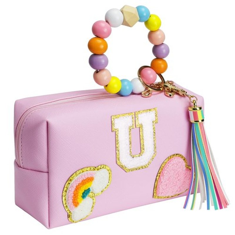 Elilier Initial Makeup Bag For Travel, Chenille Letter Pouch Cosmetic Bag, PU Leather Waterproof Toiletry Bag, Personalized Gifts For Bride Bridemaids, Cute Things for Girls (Small)