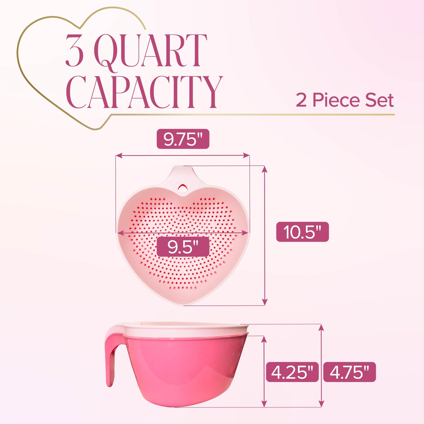 Paris Hilton Heart Bowl & Colander Set, Nesting 2-Piece Design with 3-Quart Capacity, Dishwasher Safe, Made without BPA, Pink