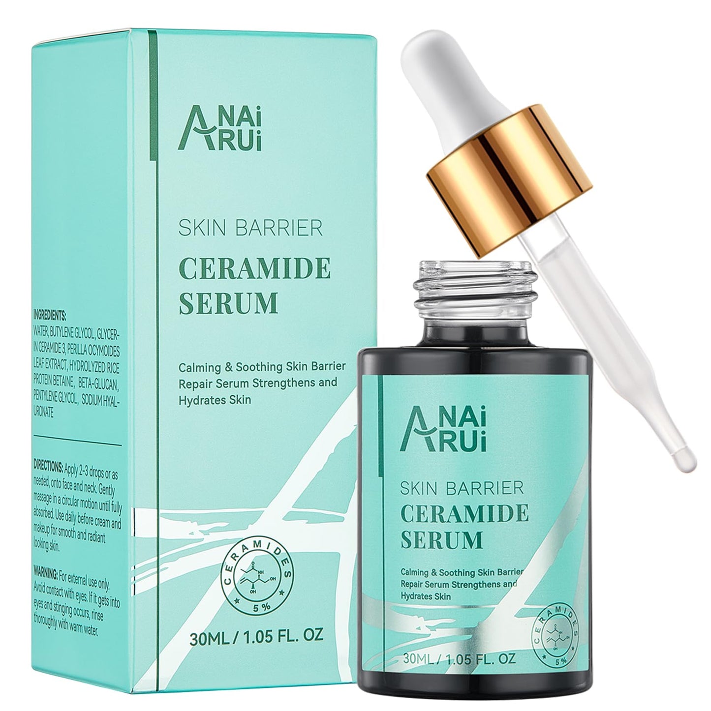 ANAI RUI 5% Ceramide Serum for Sensitive Skin | Skin Barrier Repair & Deep Hydration | Hyaluronic Acid + Rice Protein | Calms Redness & Dryness | All Skin Types | 1.05 Fl.oz