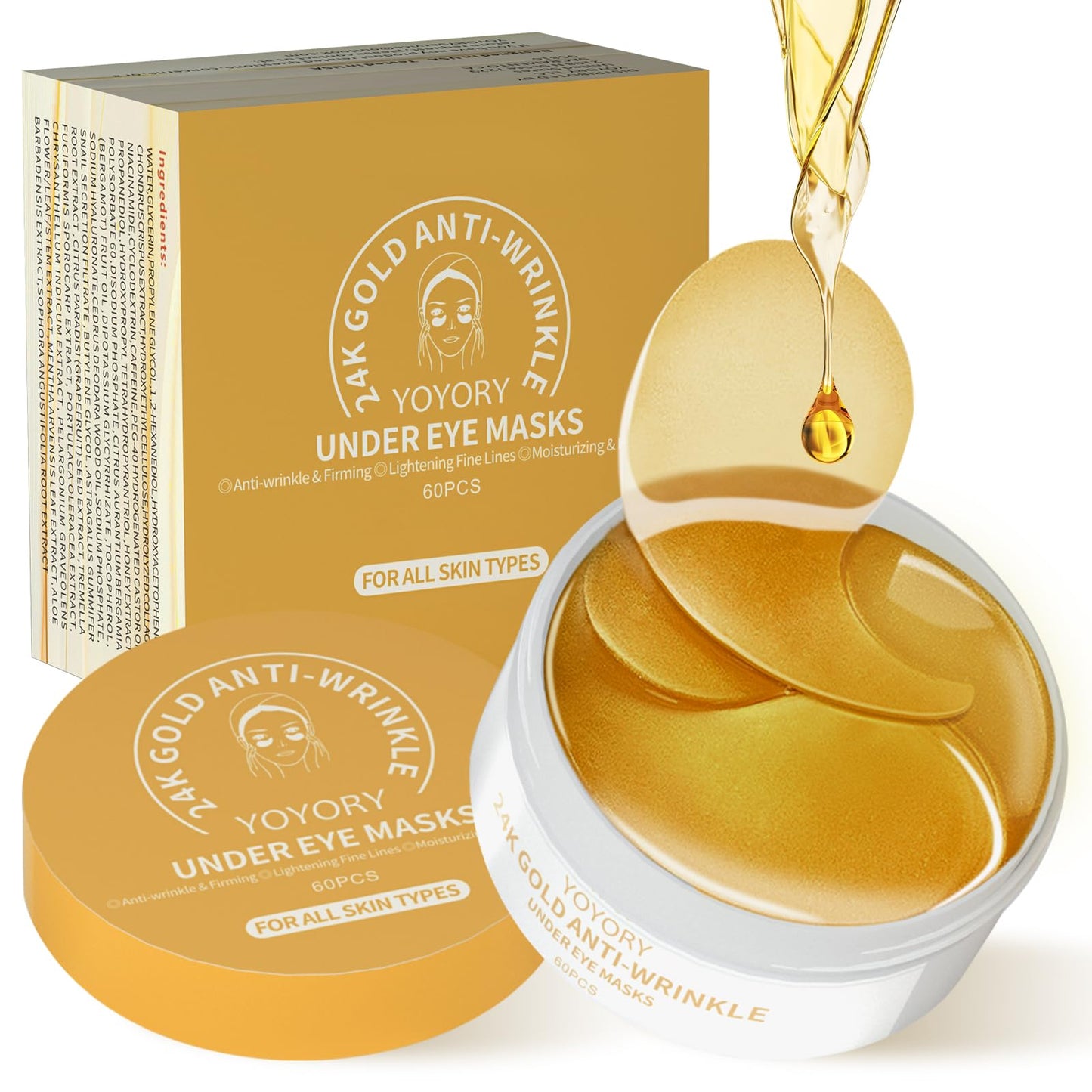 YOYORY Under Eye Patches for Dark Circles & Puffy Eyes - 60 Hydrogel Eye Mask Patches with Caffeine, Collagen & Niacinamide - Anti Wrinkle Smile Line Patches, Self Care Gifts for Women,Gold