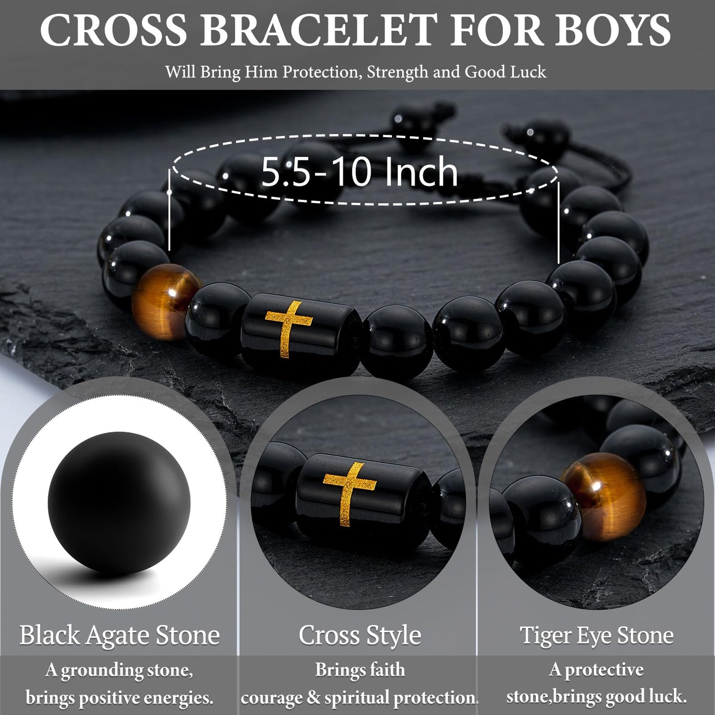 Miss Chipmunk Cross Bracelets for Men Cross Handmade Natural Black Onyx Tiger Eye Stone Beads Bracelet Christian Christmas Easter Birthday Gifts for Him