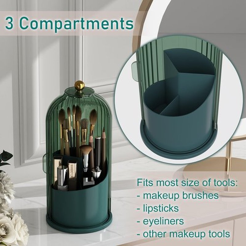 GAXmi Makeup Brush Holder with Lid Cosmetic Tools Organizer 360 Rotating Waterproof Dustproof Makeup Brushes Storage for Vanity, All Green