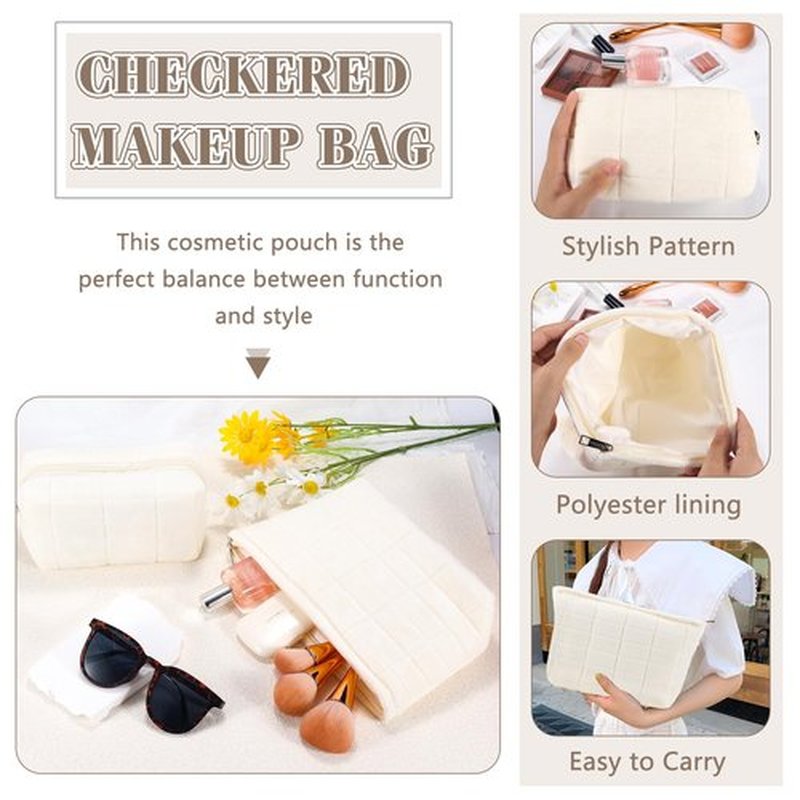 ZLFSRQ 2Pcs Makeup Bag for Women Trendy Large Capacity Cosmetic Bag Plush White Checkered Makeup Pouch for Purse Coquette Zippered Bag Organizer Y2K Aesthetic Accessories Makeup Brushes Storage Bag