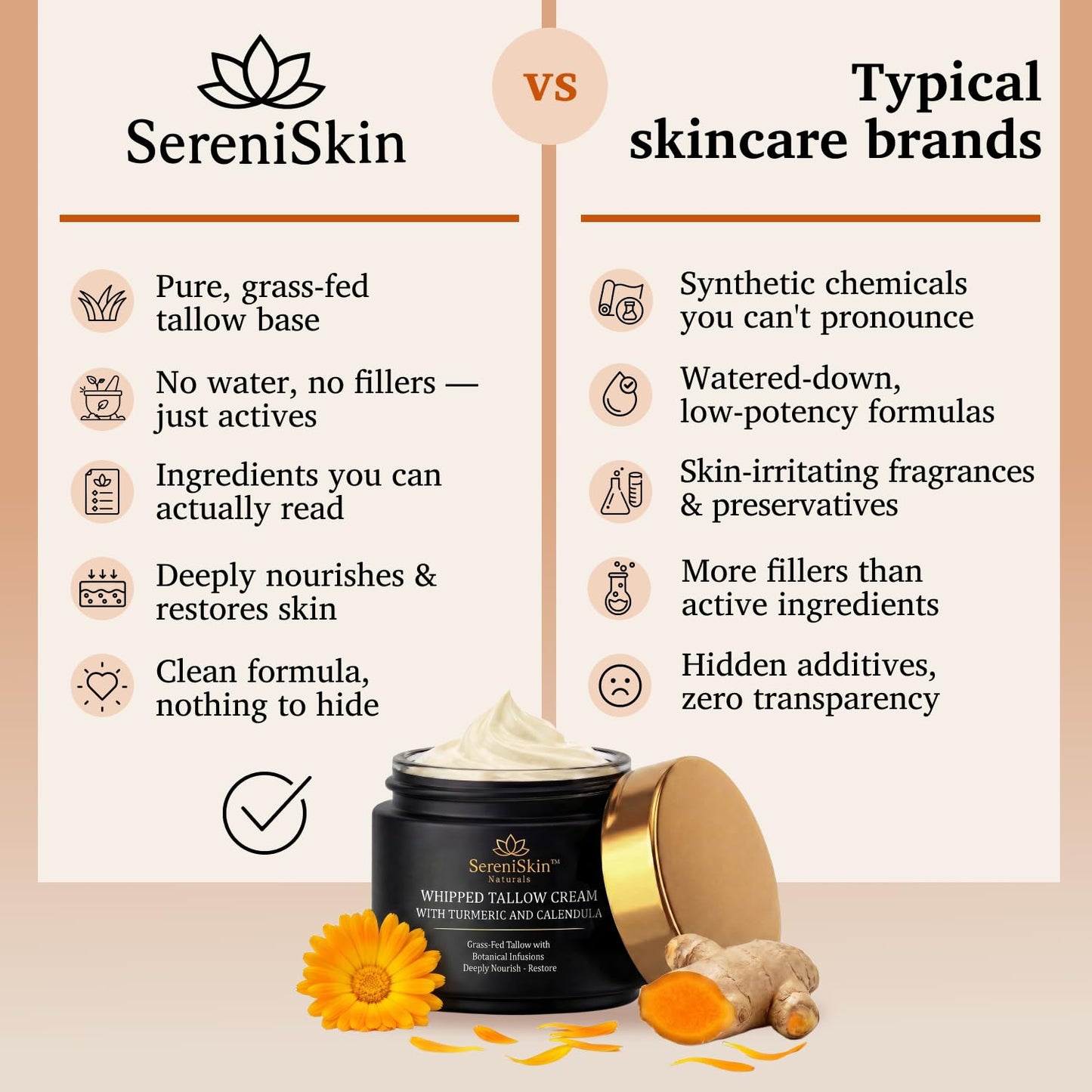 SereniSkin Grass-Fed Beef Tallow for Face & Skin - Deep, Long-Lasting Hydration & Skin Barrier - Whipped Organic Face Moisturizer & Body Cream for Dry, Sensitive Skin - Non-Greasy, Fragrance-Free, 4oz