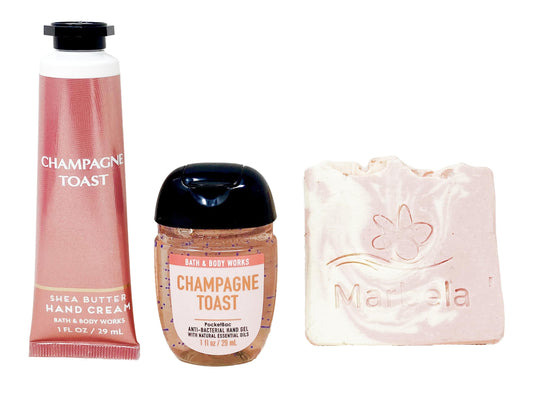 Bath & Body Works Champagne Toast - Duo Gift Set Travel Size - Hand Cream and Hand Gel Sanitizer With a Himalayan Salts Springs Sample Soap.