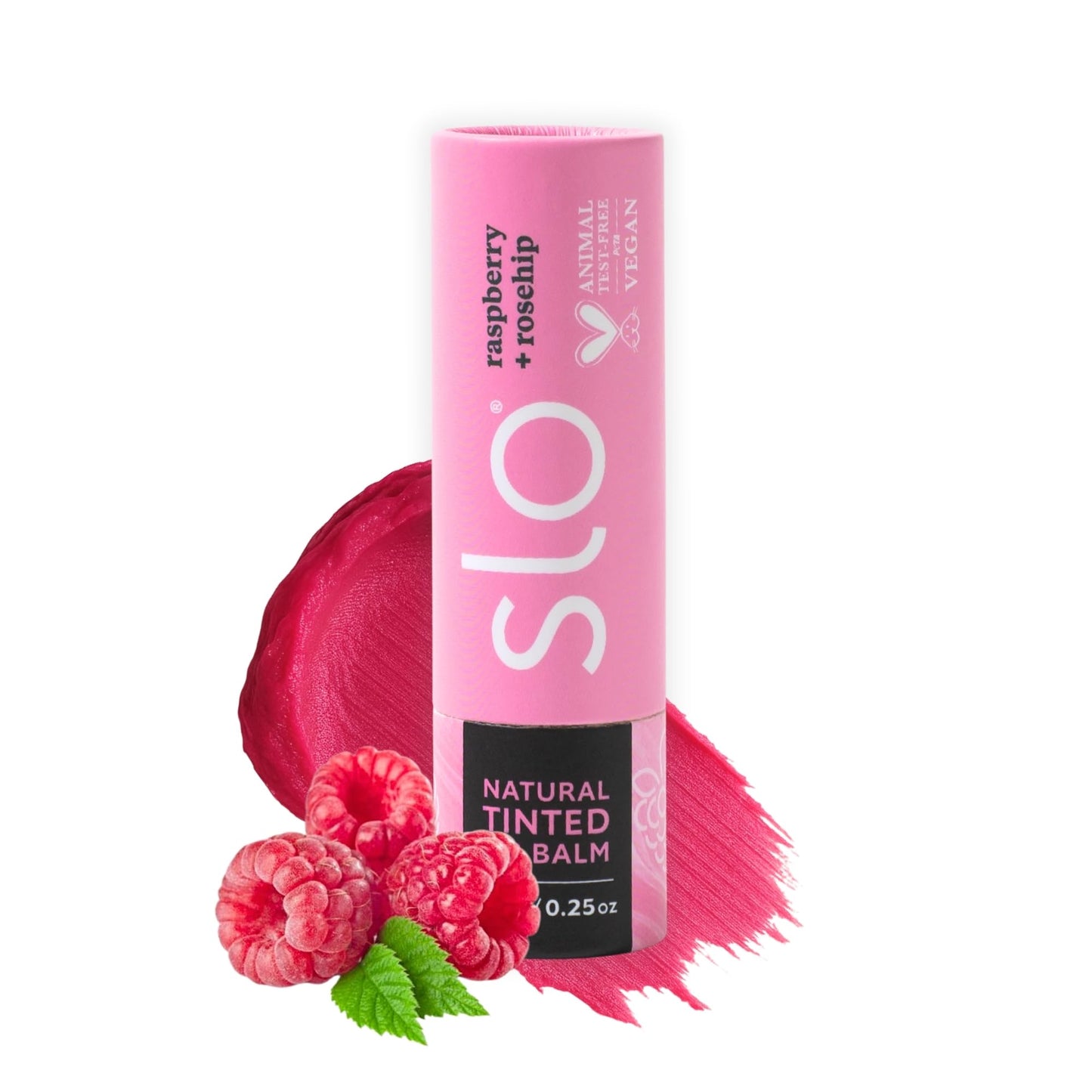 Slo Hydrating Lip Balm - Multi-Use, All Natural Lip Balm and Cheek Tint with Organic Jojoba, Rosehip, Cocoa Butter - Vegan, Cruelty-Free, Paper Packaging - Raspberry + Rosehip (0.28oz/8g)