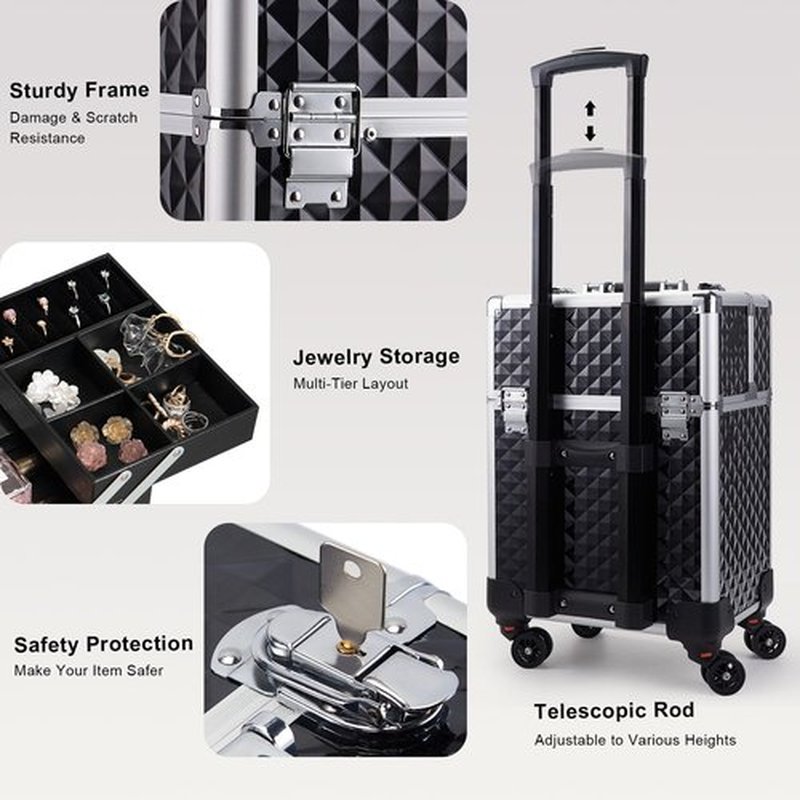Stagiant Rolling Makeup Train Case Large Cosmetic Trolley 4 Tray with Sliding Rail Removable Layer with Key Swivel Wheels Salon Barber Storage Traveling Cart Trunk - Diamond Black