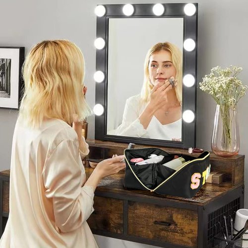 Stoney Clover Dupes Preppy Makeup Bag Black Stoney Clover Stuff Bag for Travel Chenille Letter Bag Large Capacity Travel Cosmetic Bag Nylon Pouch Lay Flat Makeup Bag Open Flat Varsity Letter Bag