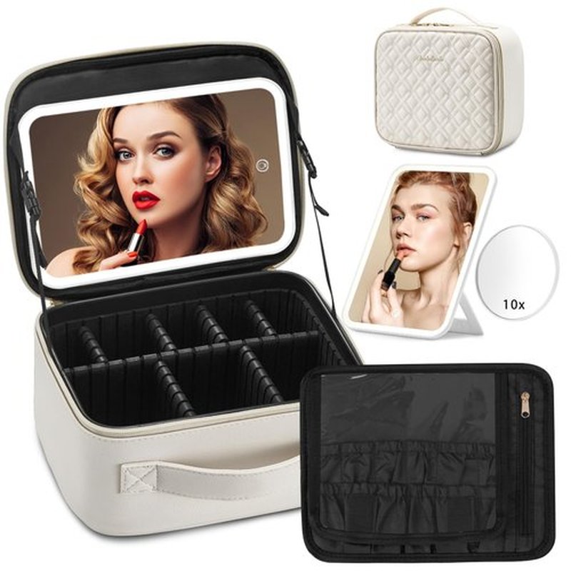 Omobolanle Makeup Bag with Mirror Led Light Detachable Portable Make up Travel Train Case with Adjustable Dividers and 10x Magnifying Mirror Beige