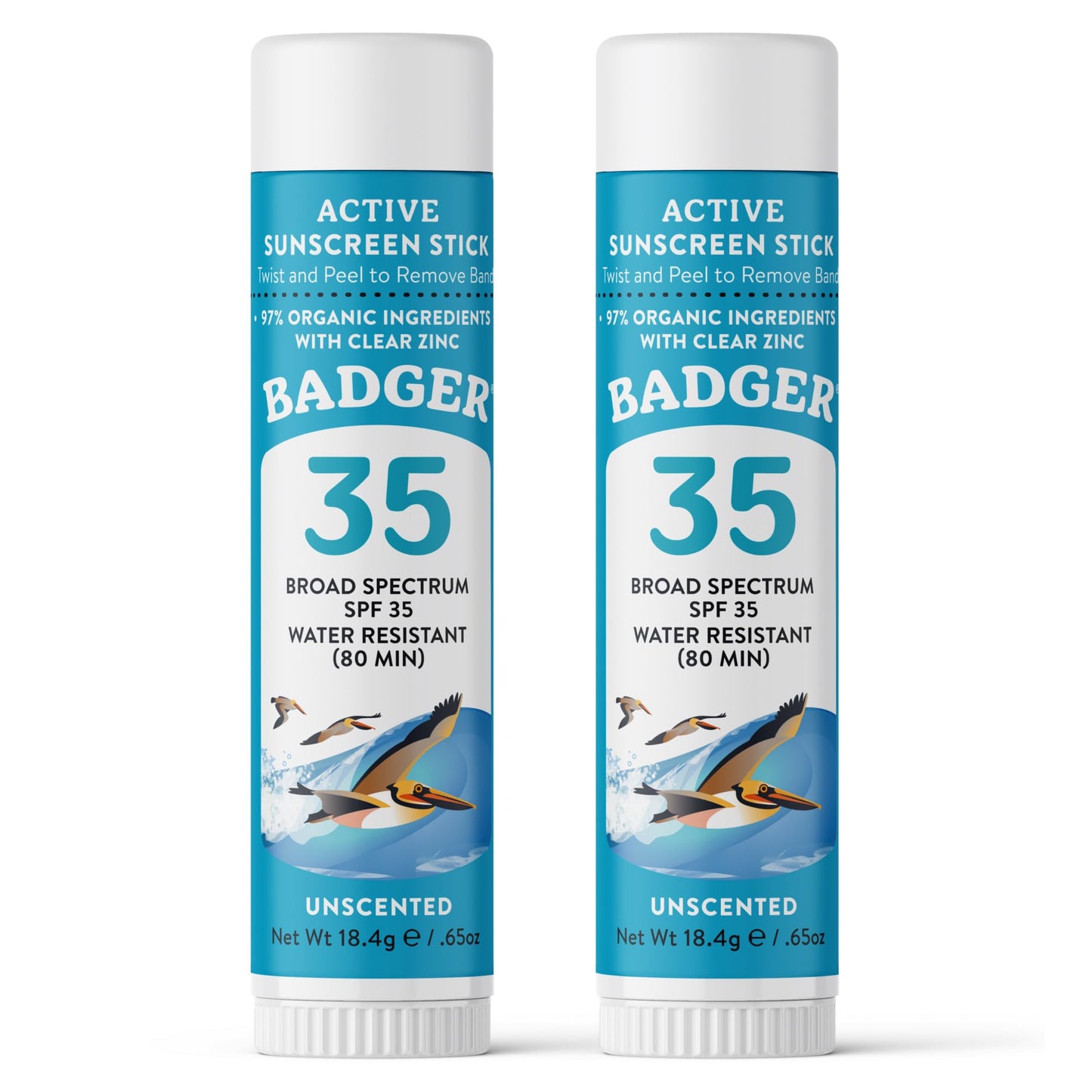 Badger Mineral Sunscreen Face Stick SPF 35, 97% Organic Unscented Zinc Oxide Travel Sunscreen, Coral Reef Safe Travel Size Stick, .65 oz, 2-Pack