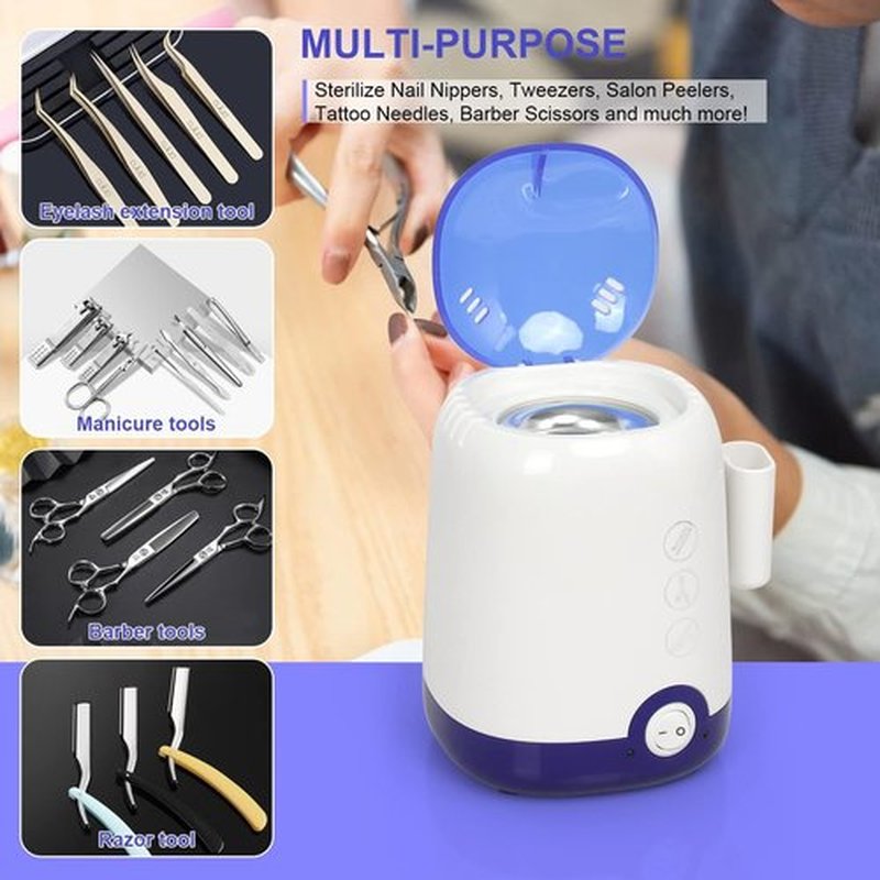 GoLashFun Nail Tool Sterilizer Machine,High Temperature Sterilization Nail Tool Cleaning Pot for Manicure Nail Salon Nipper Hair Cutting Scissors Cleaning Equipment (Blue with Storage Container)