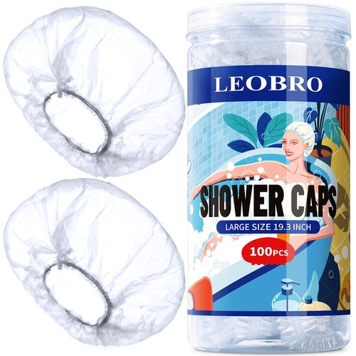 LEOBRO Shower Cap, Large Disposable Shower Caps, 100PCS Large Shower Caps for Women Disposable, Plastic Hair Caps for Shower, Thick Waterproof Plastic Shower Caps, Large Size 19.3 INCH