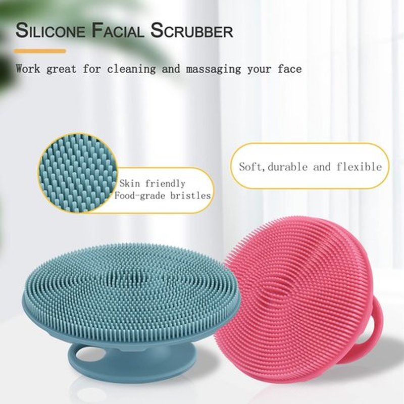 INNERNEED Silicone Face Scrubber, Exfoliating Brush Manual Handheld Facial Cleansing Brush Blackhead Remover, Food-Grade Soft Bristles (Dark Green+Pink)