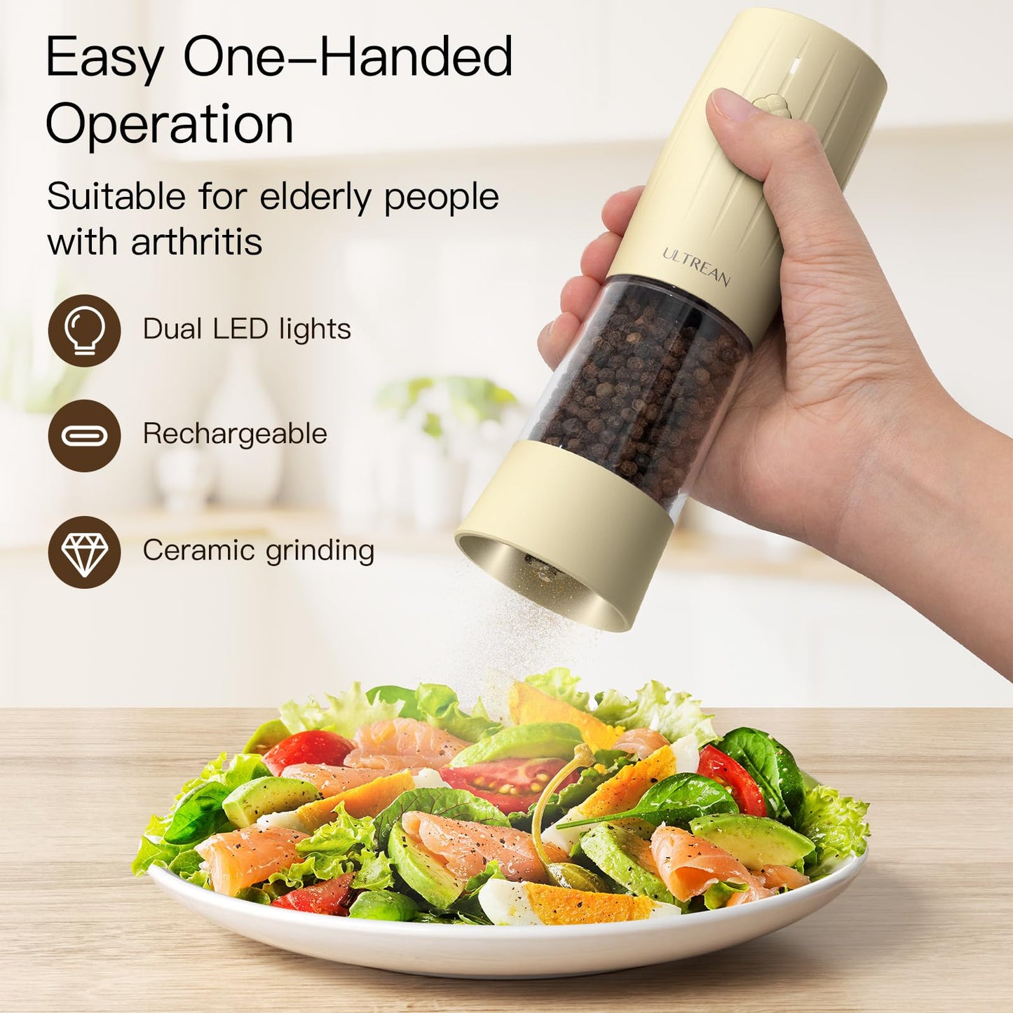 Ultrean Electric Salt and Pepper Grinder Set, USB-C Rechargeable, Salt and Pepper Shakers Spice Mill with 6 Adjustable Coarseness LED Light Larger Capacity, Kitchen Gadget, Gift for Women Mom, Cream