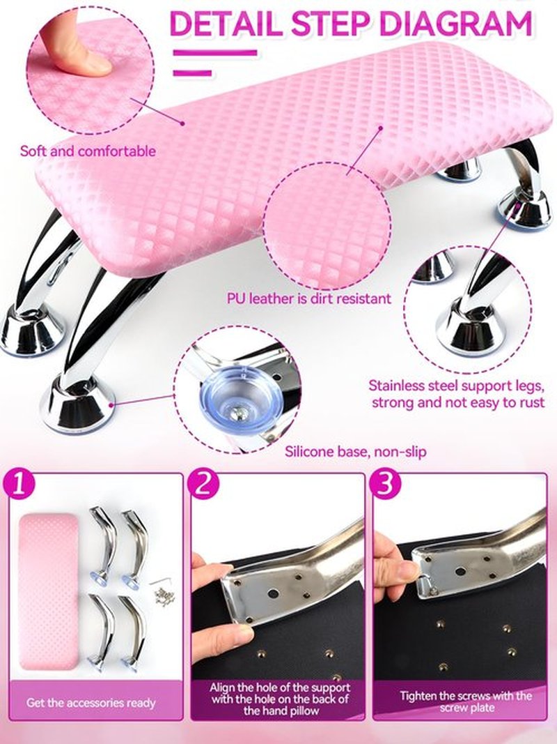 TOROKOM Nail Arm Rest for Acrylic Nails with Nail Pillow Mat Elbow Pad, Nonslip Microfiber Leather Arm Hand Rest Hand Pillow Cushion Nail Set for Professional Nail Tech Use (Pink)