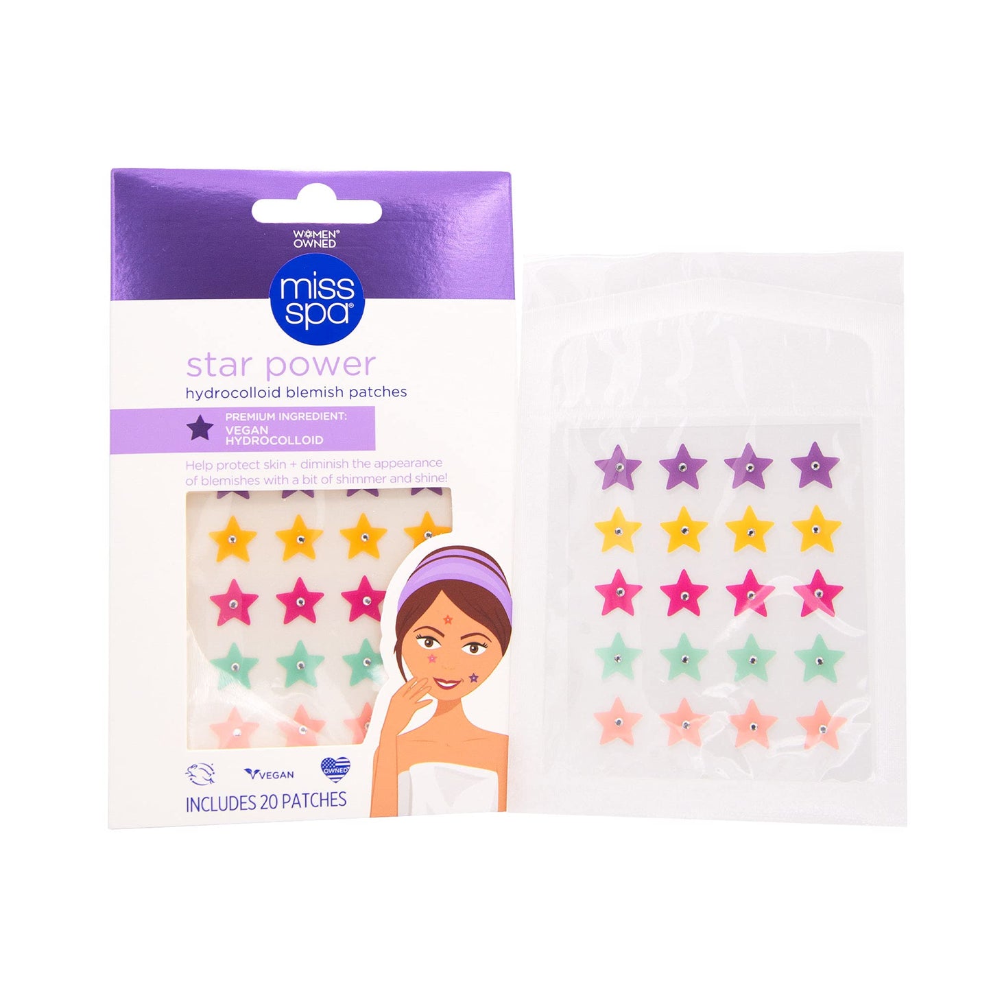 Miss Spa Blemish Patches, 100% Hydrocolloid Pimple Patches for Acne Spot Treatment, Vegan Hydrocolloid Zit Stickers, Star Power, 20 Patches