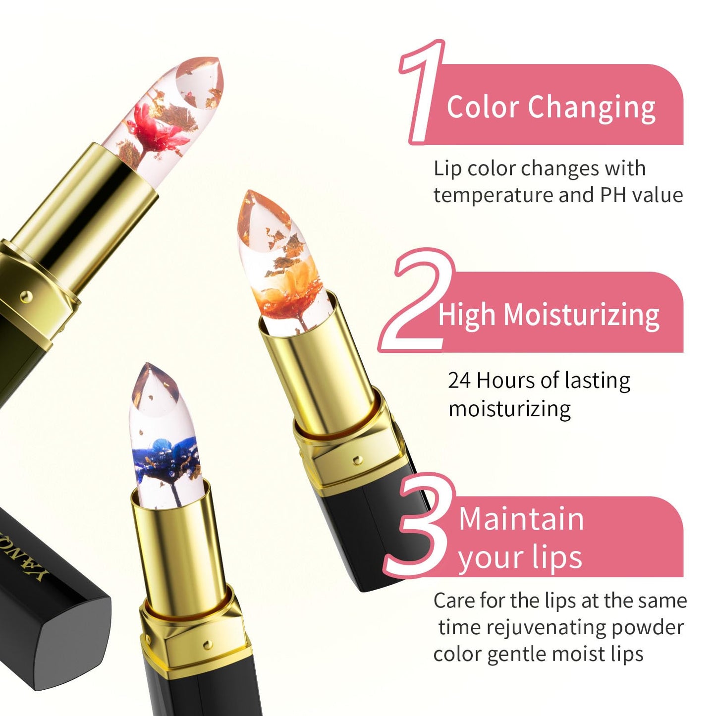 JIAYUTONG Color Changing Flower Lipstick - Hydrating Jelly Lip Balm with Flower Inside, Long Lasting Moisturizing Gloss, Nourishing Lip Care (Pink Tube-Pink)