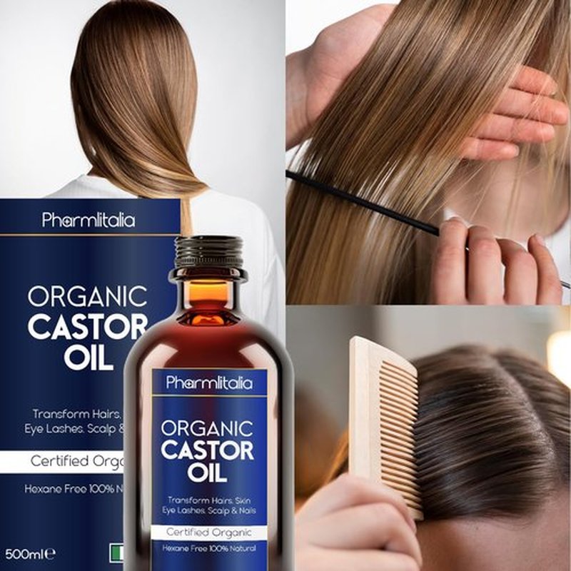Pharmlitalia Pure Castor Oil Organic Cold Pressed Unrefined Glass Bottle - Hexane free Golden Castor Oil for face, hairs, Eyelashes, Skin care and Nails - 500ml