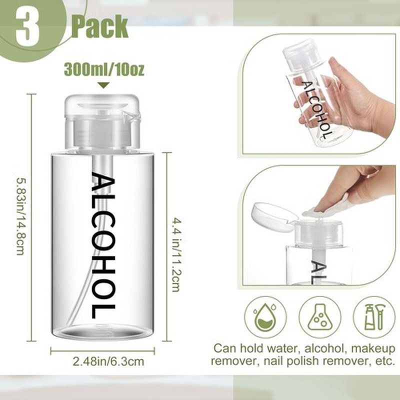 Layhit 3 Pcs 10 oz Alcohol Pump Dispenser Bottle Alcohol Dispenser Push Down Liquid Dispenser Clear Empty Pumping Bottle Refillable Cosmetic Container for Personal, Salon, Nail Care, Hospital Use