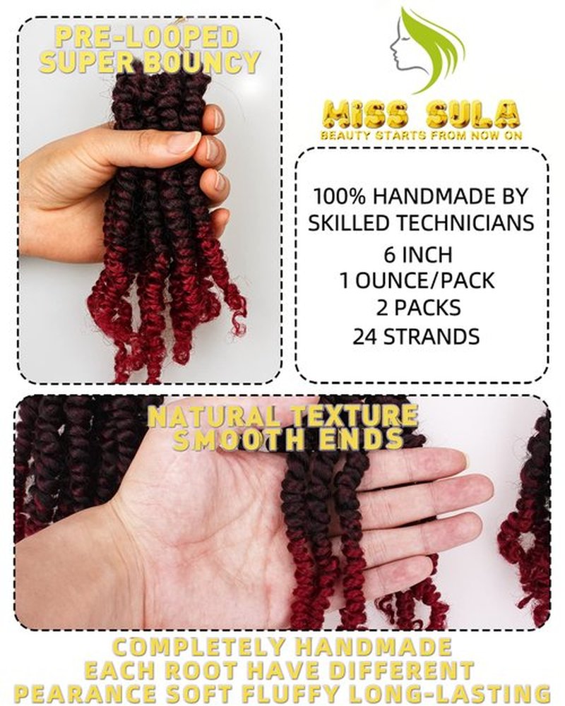 Miss Sula Passion Twist Hair-Pre-twisted Passion Twists,Pre-Looped Crochet Braids Made Of Bohemian Hair Synthetic Braiding Hair Extensions (6 Inch(Pack of 2), TBUG)