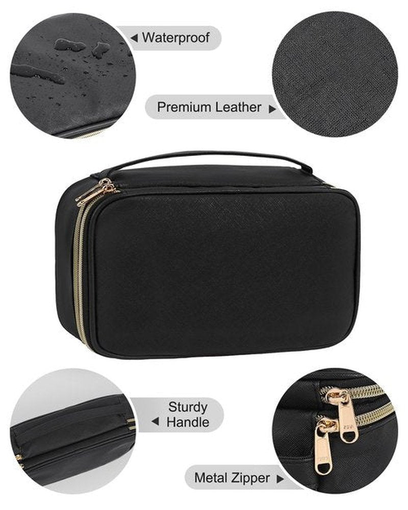 Relavel Large Makeup Bag, Cosmetic Bag with Dividers, 2 Layer Travel Makeup Organizer for Women, Black Makeup Purse Pouch with Brush Holder, Compact Capacity Handbag for Daily Use (Black)