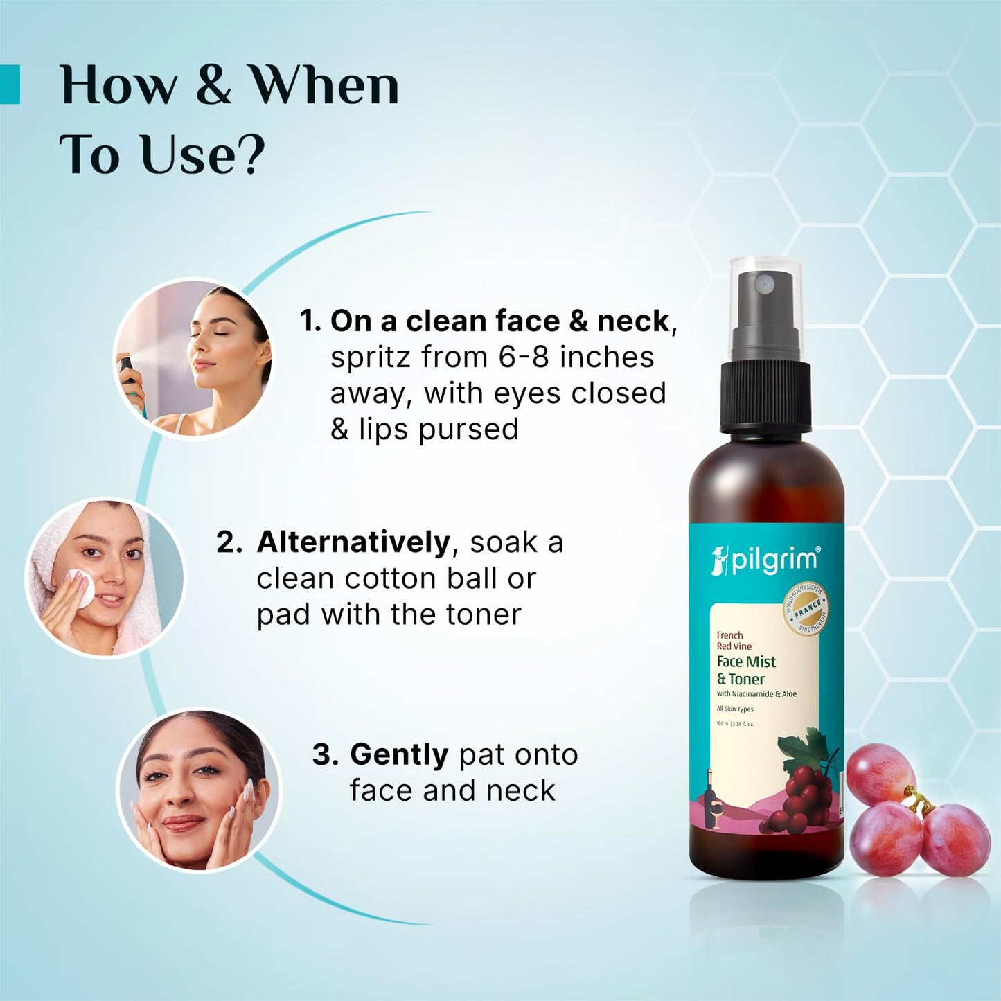Pilgrim French Red Vine Face Mist & Toner with Niacinamide & Aloe | Hydrating Facial Spray for Oil Balance, Pore Care, Refreshing Glow | Alcohol-Free | 3.38 Fl Oz (100ml)