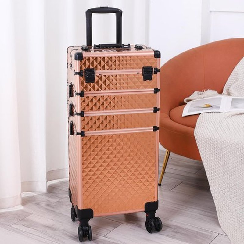4 in 1 Rolling Makeup Train Case, Professional Aluminum Makeup Travel Organizer Cosmetic Case, Cosmetology Caboodle Case on 360° Wheels, Beauty Storage Luggage Lockable(Rose Gold)