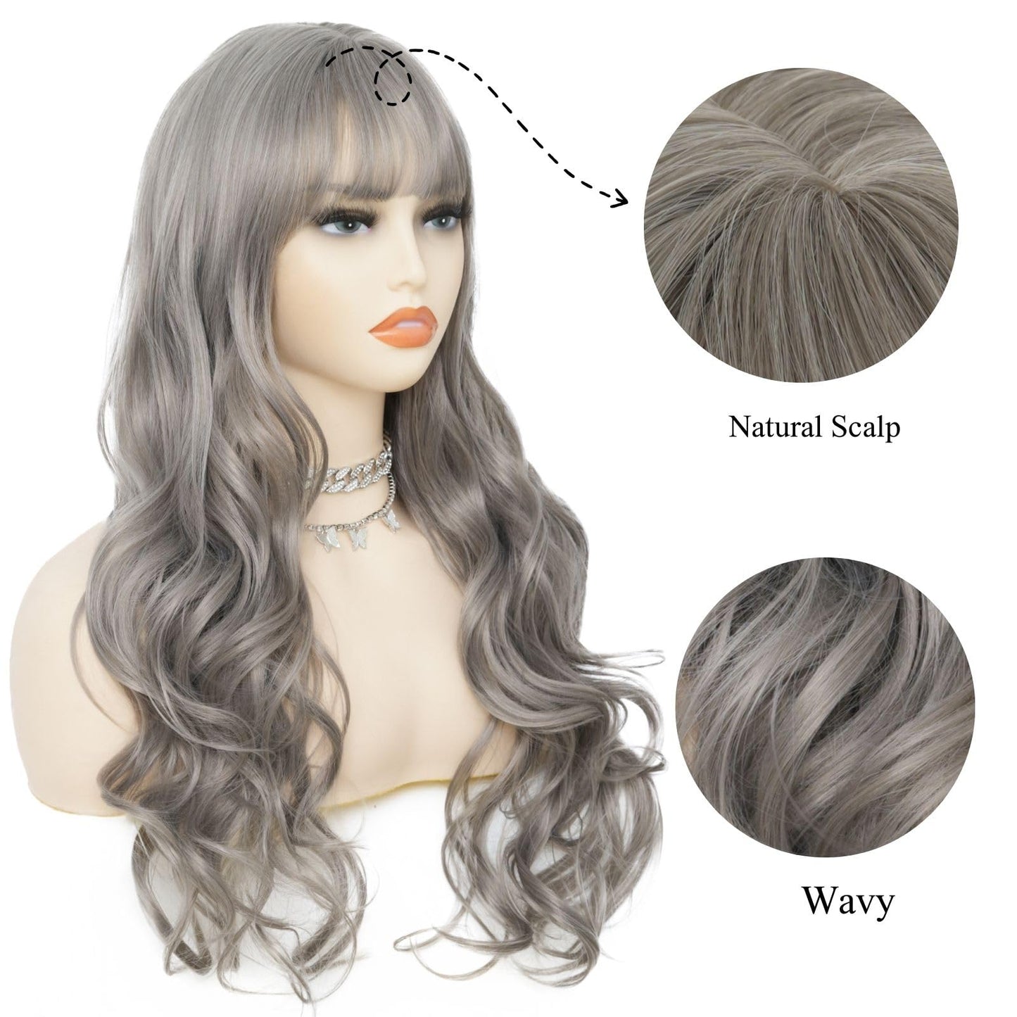 Salaibs Grey Long Curly Wavy Wigs for Women with Bangs Natural Wave Dark Gray Hair Wig Synthetic Heat Resistant Halloween Daily Wig