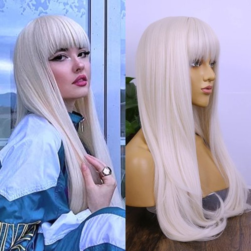MSMYRNS Platinum Blonde #60 Long Wavy Curly Heat Resistant Synthetic Wig With Bangs Glueless No Lace Fringe Wig For Women Girls Costume Role Play Wig Scalp Base Middle Part Hair Replacement Wig