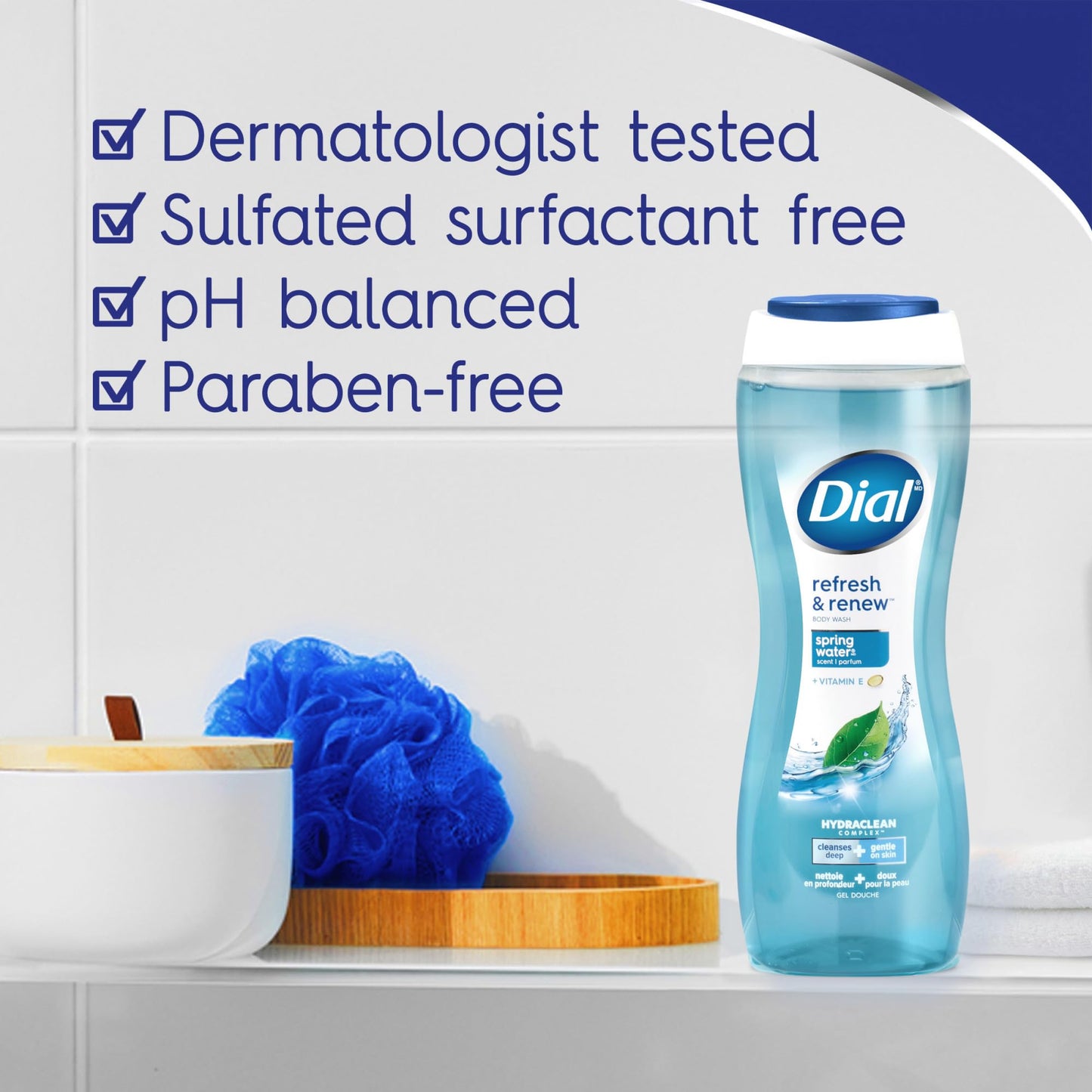 Dial Body Wash, Hydraclean Complex & Vitamin E, Gentle, Leaves Skin Feeling Nourished, Dermatologist-Tested, No Parabens & Sulfates, Refresh & Renew, Spring Water, 16 Fl Oz (Pack of 4)