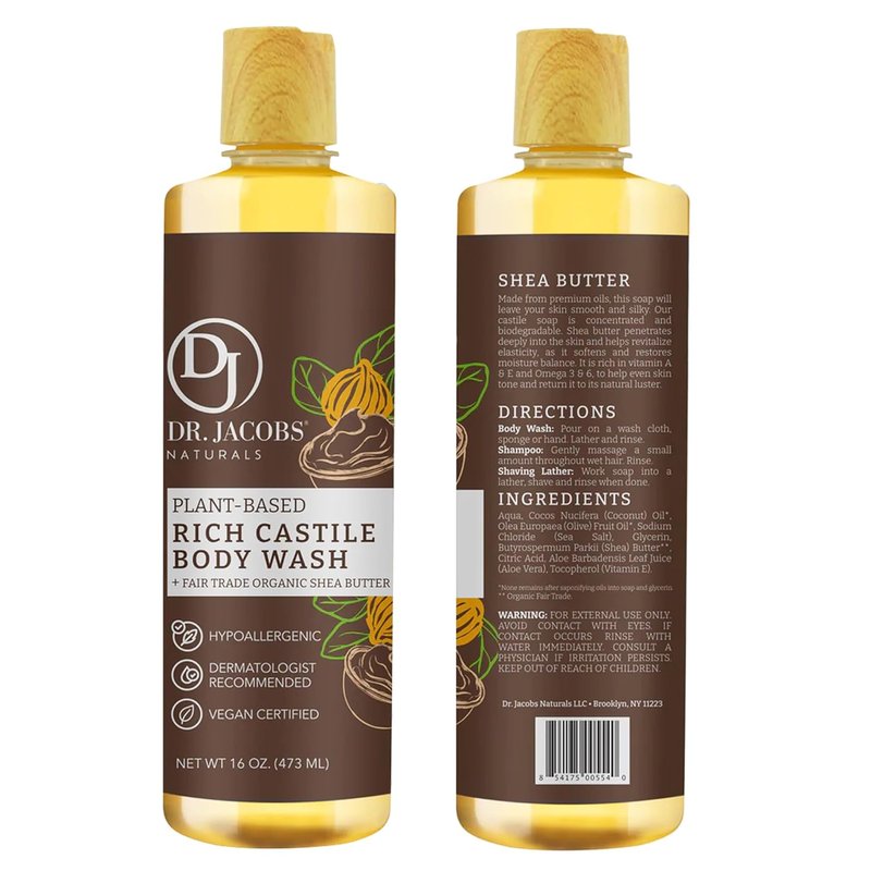 Dr. Jacobs Naturals Pure Castile Soap - Sandalwood Liquid Body Wash with Vitamin E & Aloe Vera | 16 oz for Dry Skin
