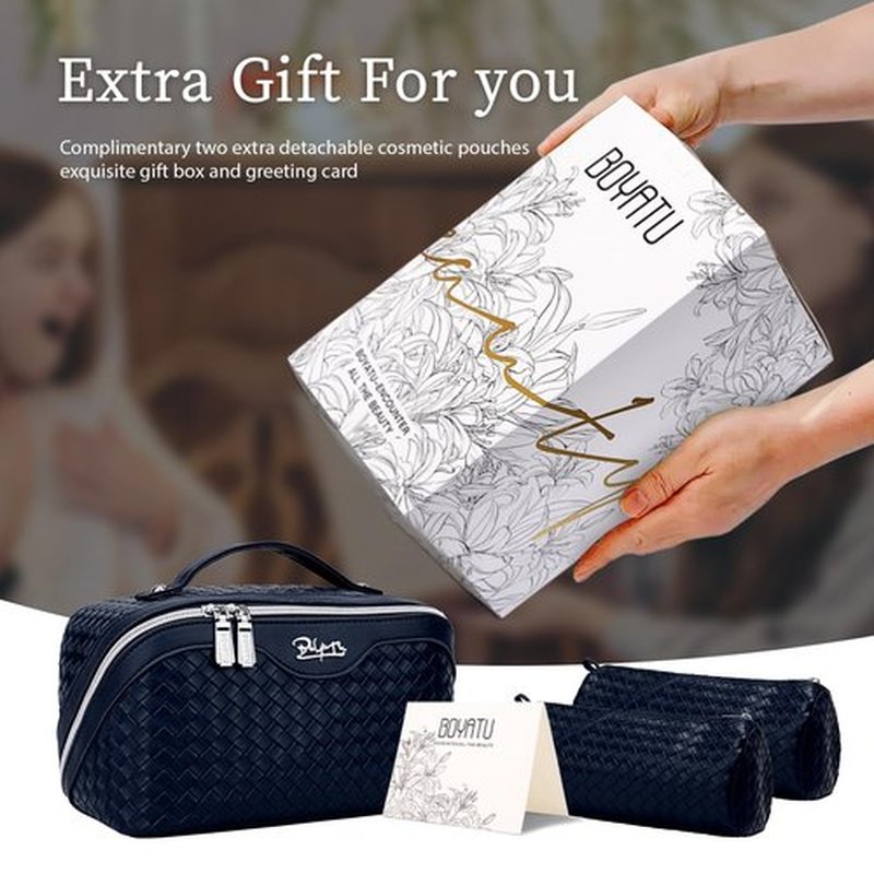 Makeup Bag Travel Cosmetic Case: Large Capacity Woven Cosmetic Bag Organizer - Portable Toiletry Bags with Handle for Women 1-Z-Dark Blue