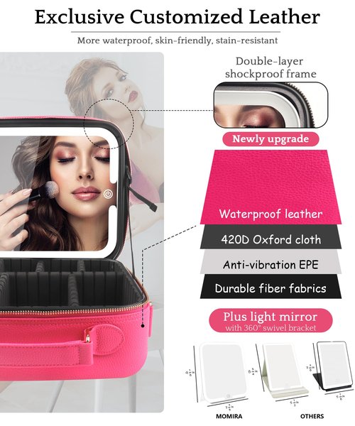 MOMIRA Travel Makeup Bag Cosmetic Bag with Lighted Mirror, Adjustable Brightness in 3 Color Scenarios/Detachable makeup mirror, 2024-All-round Upgrade, Waterproof, Gift for Women -Rose Red