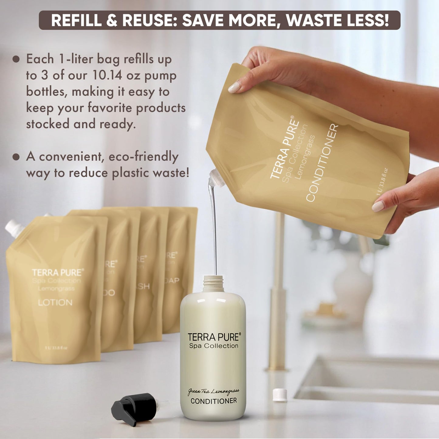 Terra Pure Spa Collection 1 Liter Conditioner Refill Bag For Soap Dispensers | Bulk Toiletries for Vacation Rentals, and Home Bathroom Showers | Green Tea Lemongrass | Set of 12