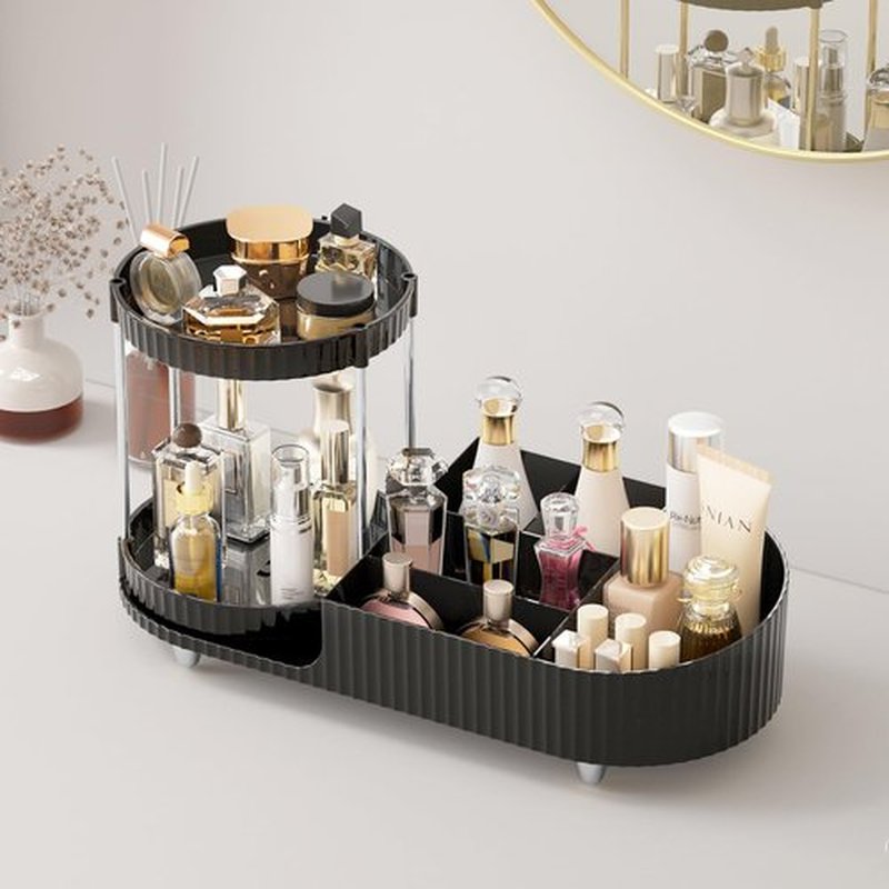 Lulltou Makeup Organizer Countertop with Partition Slot for Vanity, Plastic Vanity Organizers and Storage, 2-in-1 Large Desk Makeup and Skincare Organizers with Perfume Tray for Cosmetics Bathroom