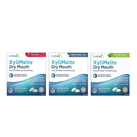 Oracoat XyliMelts Dry Mouth Relief Bundle Slightly Sweet 40 Count, Mild Mint 40 Count and Cinnamon 40 Count