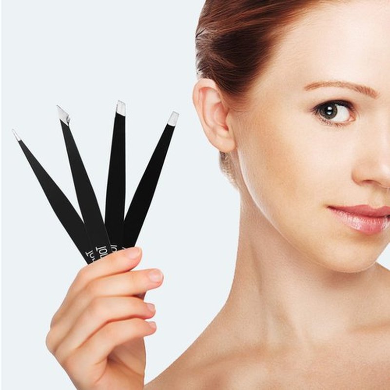 Tomata Tweezers for Eyebrows, 4-piece Slant Tip and Pointed Eyebrow Tweezer Set Great Precision for Eyebrows Facial Hair, Ingrown Hair, Splinter, Blackhead and Tick Remover (Black)