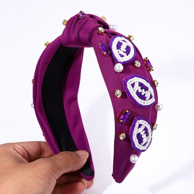 JERTOCLE Football Knotted Headbands for Women Game Day Sports Headband Pearl Crystal Bejeweled Wide Top Knot Hairband Game Day Hair Accessories (Purple White)