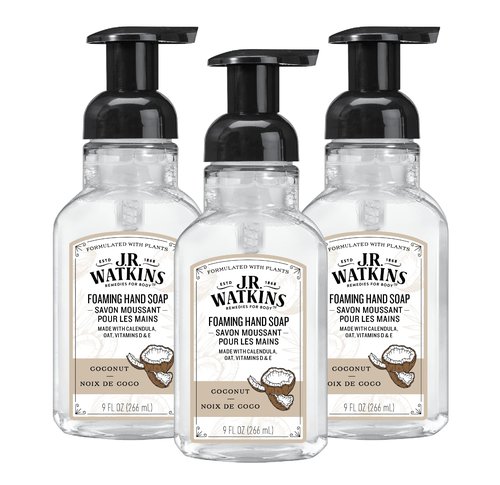 J.R. Watkins Foaming Hand Soap Pump with Dispenser, Moisturizing All Natural Hand Soap Foam, Alcohol-Free Hand Wash, Cruelty-Free, Use as Kitchen or Bathroom Soap, Coconut, 9 fl oz, 3 Pack