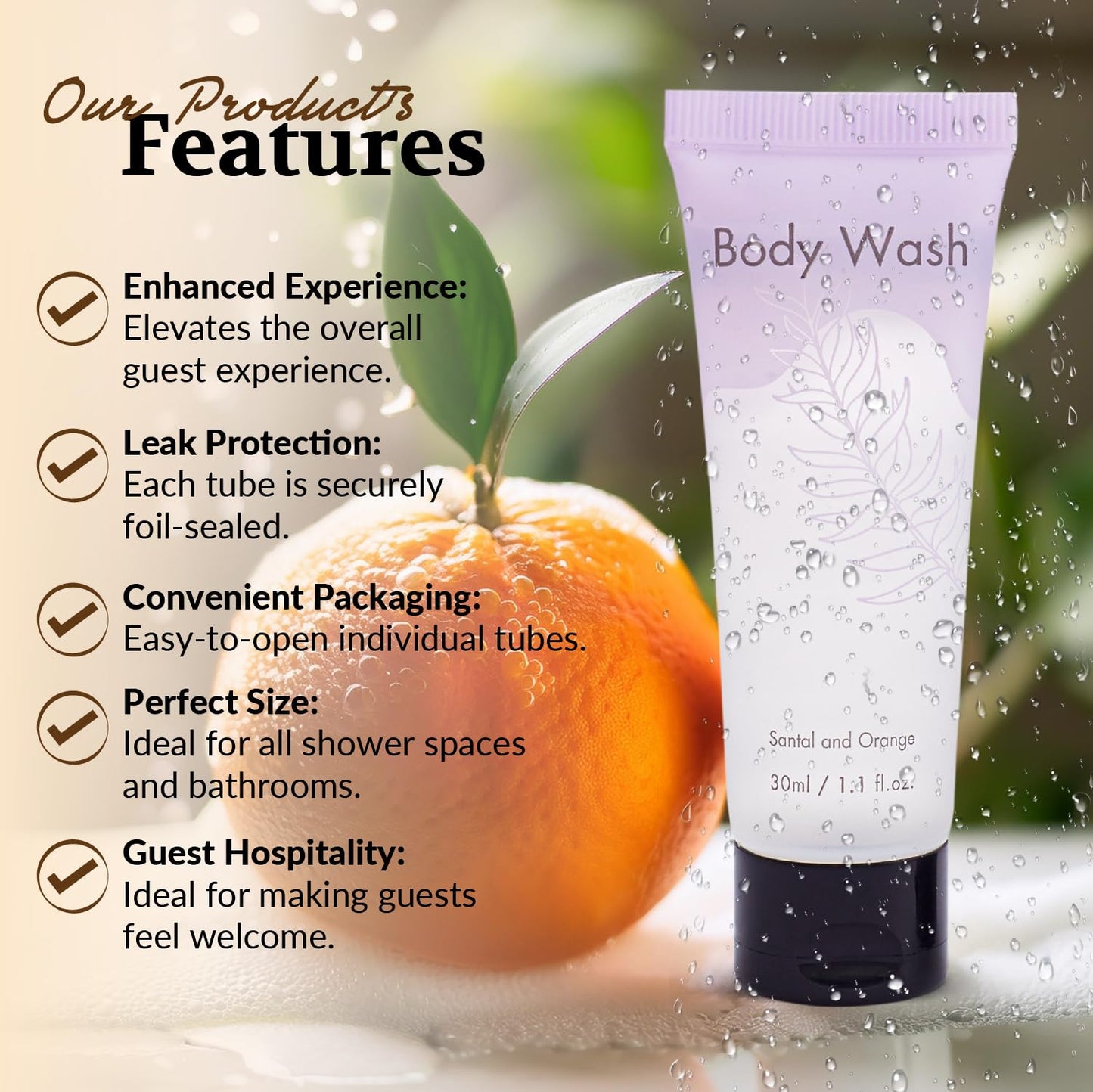 NISGUR Leak-Proof Travel Size Body Wash 1 Oz Each Pack of 200 Bulk Pack Santal and Orange Scent Hotel Body Wash Amenities and Toilteries for Hospitality