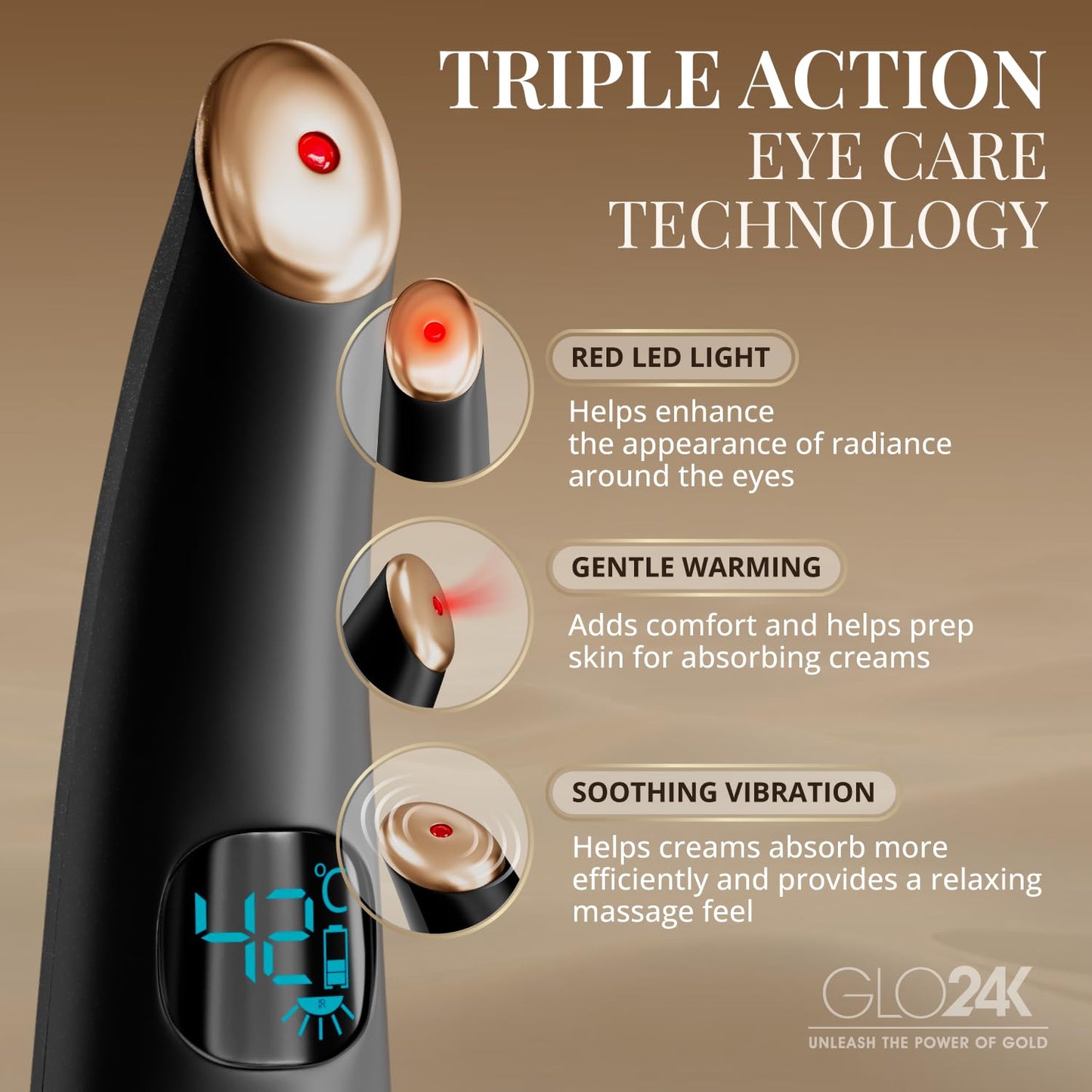 GLO24K Heated Eye Wand & Eye Massager Tool - Gentle Warmth & Vibration for Smoother-Looking Skin, Refreshing Under-Eyes Massage, Portable Beauty Device