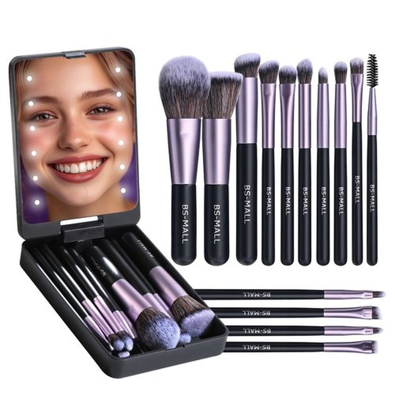 BS-MALL Travel Makeup Brush Set Foundation Powder Concealers Eye Shadows Makeup Set with LED light Mirror 14 Pcs (Purple)