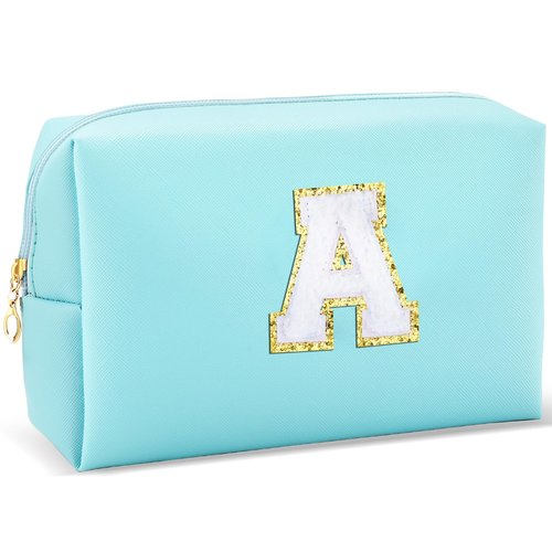 URSKYTOUS Gifts for Girls Initial Makeup Bag Personalized Cosmetic Bag with Zipper Cute Travel Toiletry Bag Waterproof PU Preppy Makeup Pouch Birthday Gift for Teen Girls Women(Blue A)
