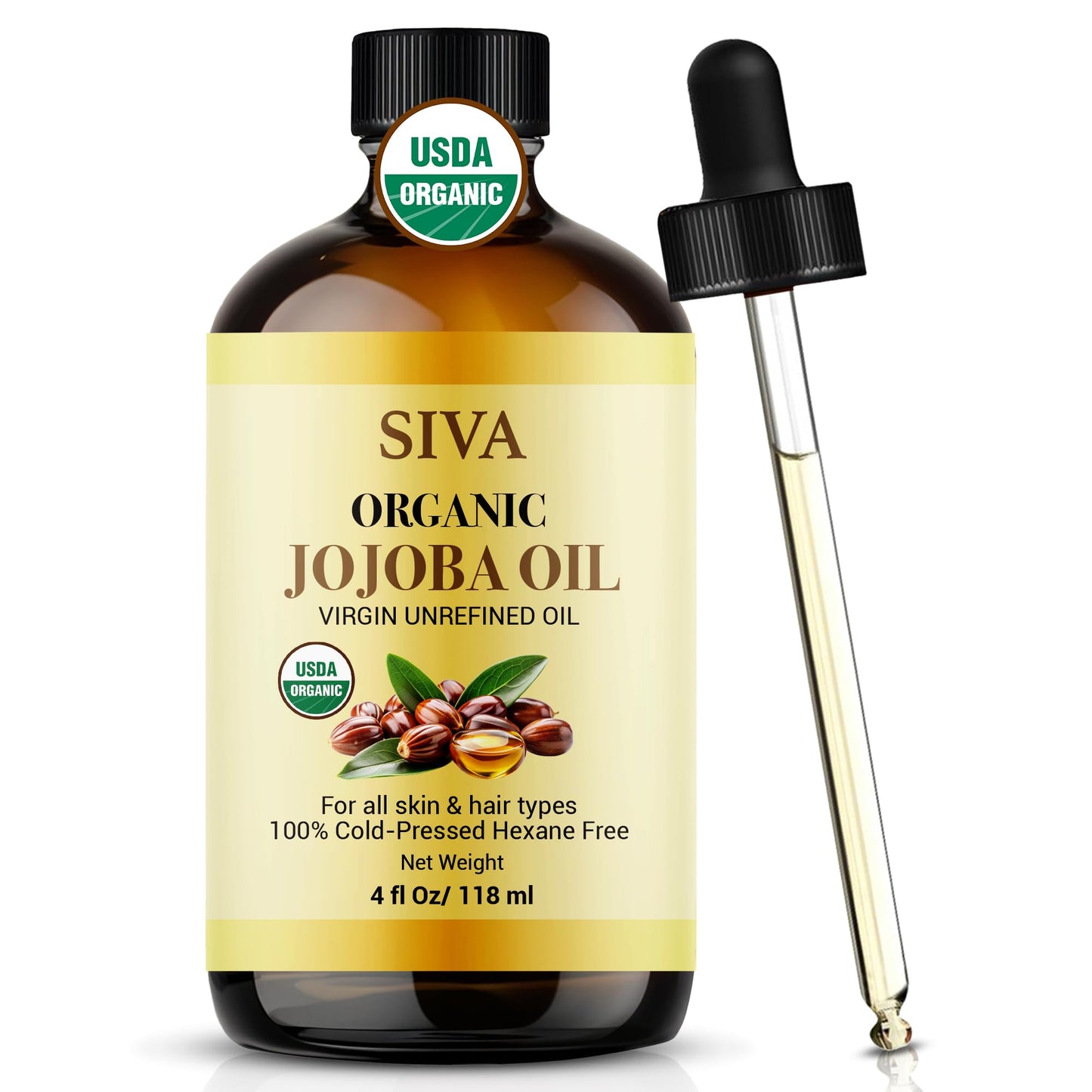 Siva Jojoba Organic Oil 4oz (118ml) Premium Cold-Pressed 100% Natural Organic Carrier Oil with Dropper for Face, Skin Care, Body Massage, Hair Care, Hair Oiling & Scalp Massage