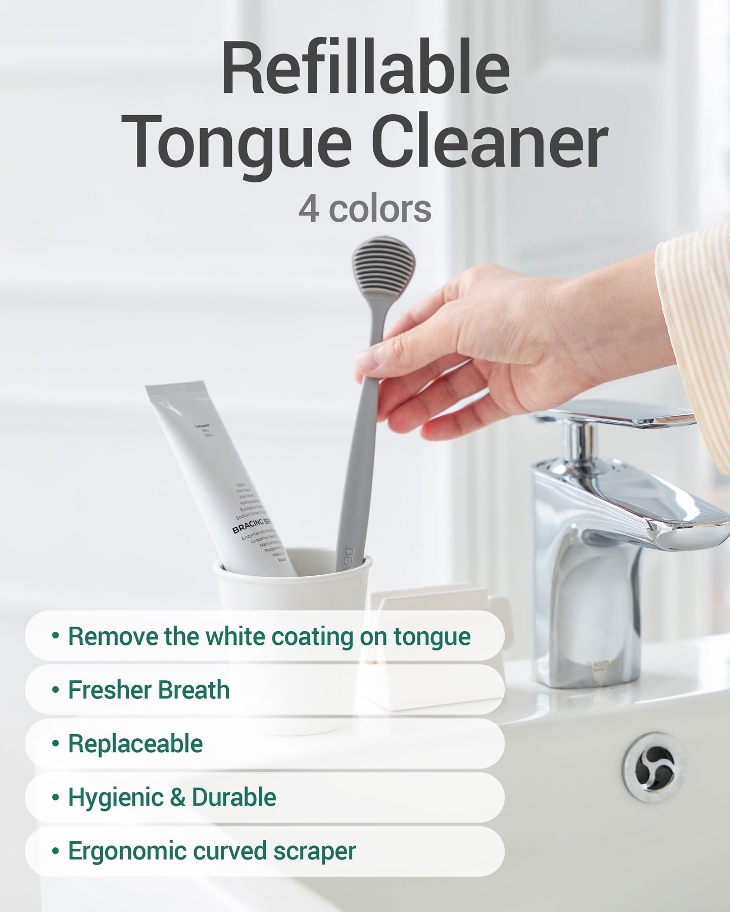 DEARCUS Tongue Scraper with 3 Replaceable Heads for Up to 9 Months - Soft BPA-Free TPE Tongue Cleaner, Designed to Reduce Gag Reflex, Helps Freshen Breath & Remove White Coating (Gray)