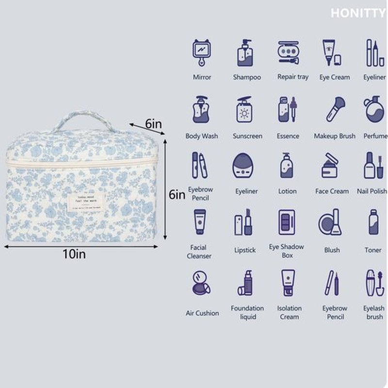 Makeup Bag,Quilted Cosmetic Bag,Large Floral Make Up Bag for Women,Cotton Makeup Bag,Flower Travel Toiletry Bag