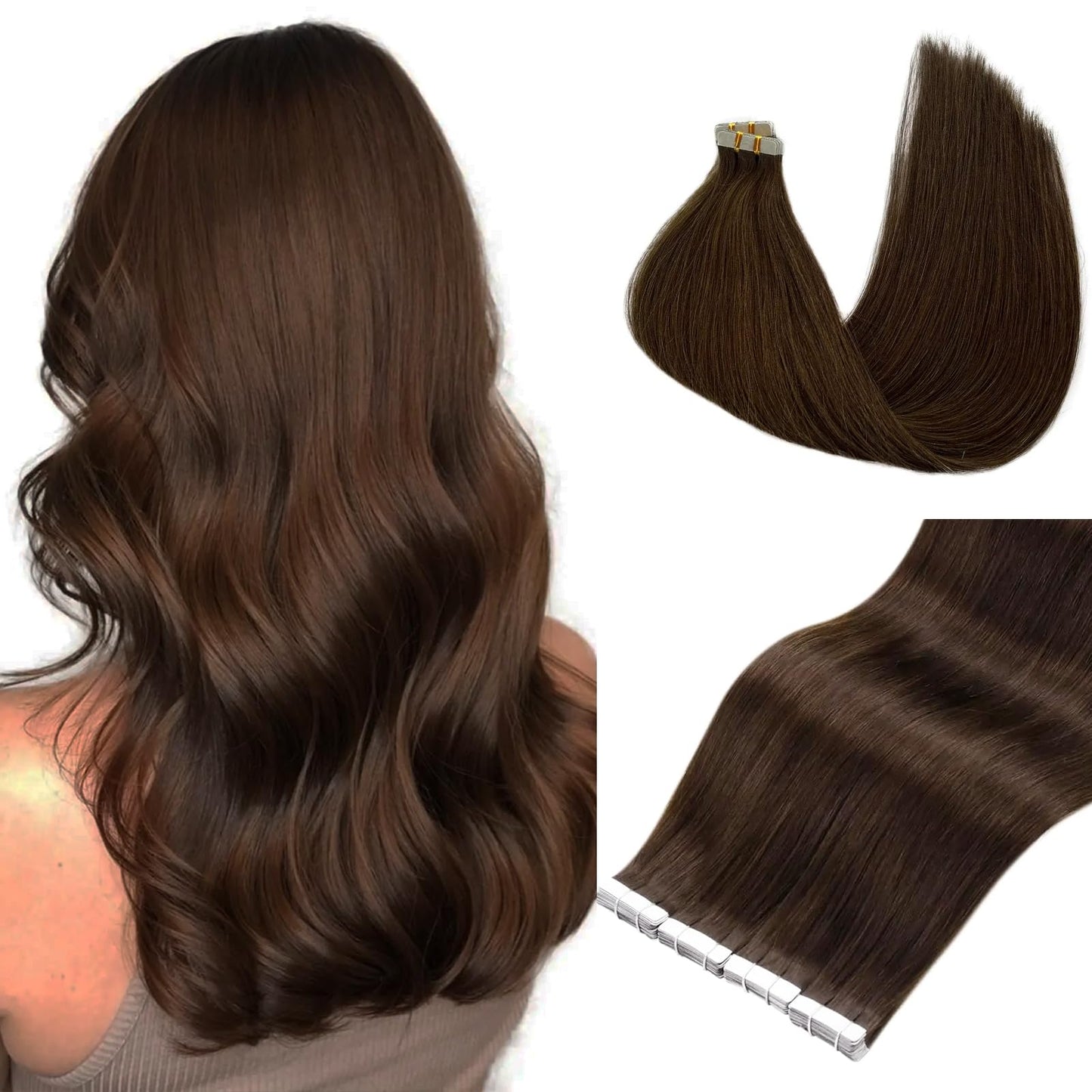 Brown Tape in Hair Extension Human Hair 20Inch 50g 20PCS Skin Weft Remy Straight Hair 2# Dark Brown Real Human Hair Extension