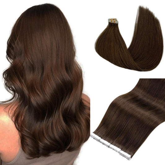 Brown Tape in Hair Extension Human Hair 20Inch 50g 20PCS Skin Weft Remy Straight Hair 2# Dark Brown Real Human Hair Extension