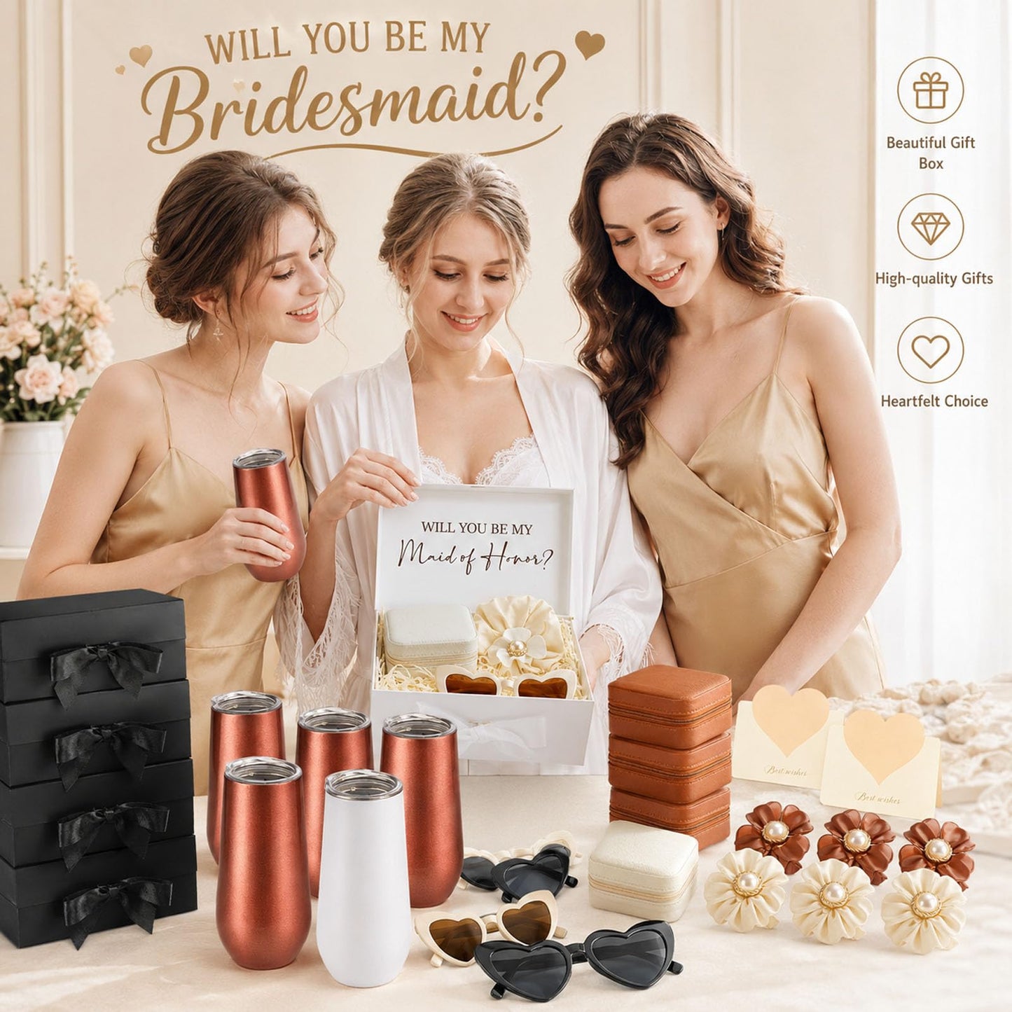44Pcs Bridesmaid Proposal Gifts Bridesmaid Box Set Will You Be My Bridesmaid Bulk Maid of Honor Gifts with Gift Box Stainless Steel Champagne Tumbler Cards for Bridal Shower Wedding Bachelorette