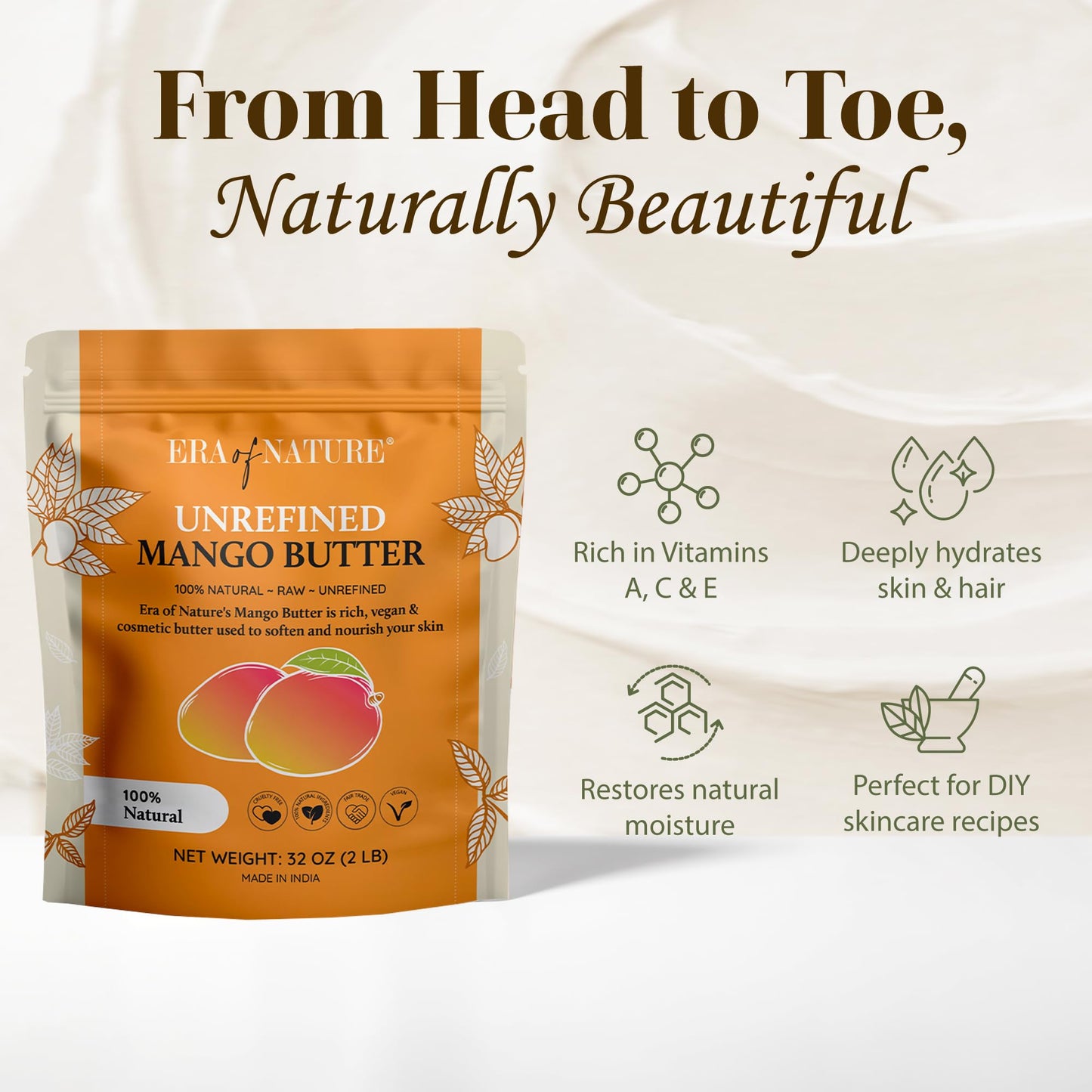era of nature Organic Unrefined Raw Mango Body Butter Block 32oz - Moisturizing Mango Seed Raw Butter Bar for Skin & Hair, DIY Lip Balm Base, Cream, Soap & Lotion Making Supplies, Personal Skincare